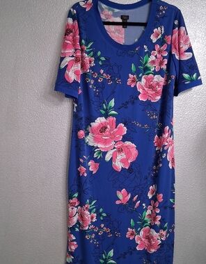 G.I.L.I. Blue Maxi Dress With Pink Floral Print & Thigh High Side Slits  Size LP